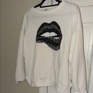 White Graphic Sweatshirt with Black Lip Print